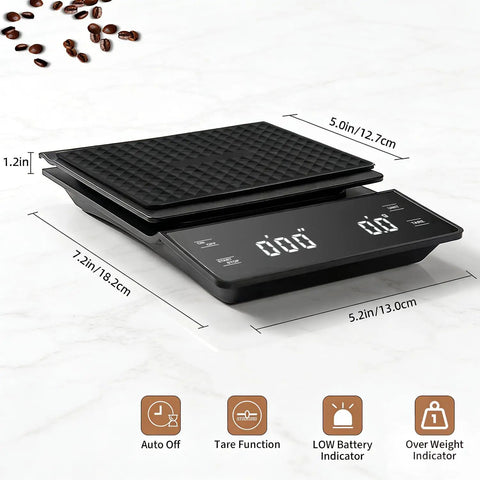 Espresso Scale With Timer For Home Baristas, 3Kg Capacity, 0.1G Precision, Digital Coffee Scale, large platform, side view.