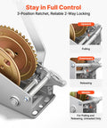 Beefy 1600 Lb Hand Boat Winch With 4 To 1 Gear Ratio Portable Two Way Ratchet Rope Crank Easy Install For Boat Trailers And ATVs Heavy Duty Towing Power, 3-position ratchet