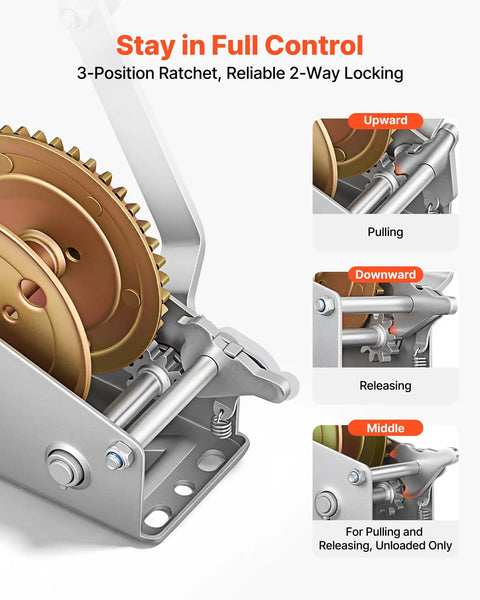 Beefy 1600 Lb Hand Boat Winch With 4 To 1 Gear Ratio Portable Two Way Ratchet Rope Crank Easy Install For Boat Trailers And ATVs Heavy Duty Towing Power, 3-position ratchet