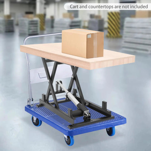 Heavy Duty Dc 24v Electric Scissor Lift Table With 250lbs Load Capacity Plus Handy Remote Control For Smooth Hydraulic Material Handling And Sturdy Workstation Support with a box on top.