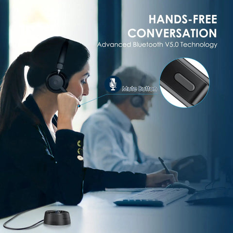 Bluetooth Headset With AI Noise Canceling Microphone, Wireless On Ear Headset With USB Dongle For Computer And Office displayed