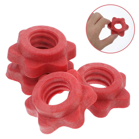 Anti Skid Barbell Self Locking Nuts Four Pack Red Plastic Security Nuts For Home Gym And Weight Lifting Accessories close-up view