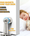 6 Pack Magnetic Door Stopper Stainless Steel Door Holder For Wall Or Floor Mounting With Screws Keeps Doors Open And Prevents Slams, Heavy Duty Magnetic Stop For Various Door Types, shown in use with child sleeping peacefully.