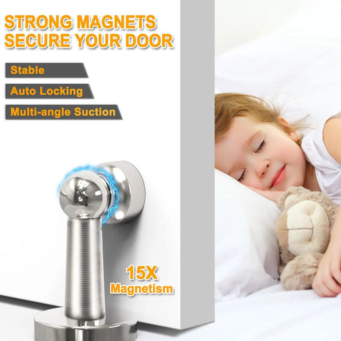 6 Pack Magnetic Door Stopper Stainless Steel Door Holder For Wall Or Floor Mounting With Screws Keeps Doors Open And Prevents Slams, Heavy Duty Magnetic Stop For Various Door Types, shown in use with child sleeping peacefully.
