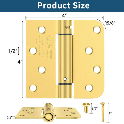 Self Closing Door Hinges With Spring Loaded Action, 4 Inch, Fits 5/8 Inch Radius Or Square Corner Doors UL Listed Brushed Gold