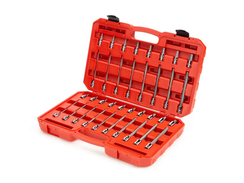 3/8 Inch Drive Hex Socket Set, 36-Piece with Inch and Metric Hex Bits and Long Sockets in red case, beefy chrome steel.