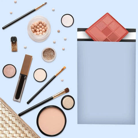 Light Blue 6x9 Poly Mailers 120 Pack Self Adhesive Waterproof Tear Proof Shipping Bags With Gray Inner Lining next to makeup products