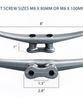 8 Inch Dock Cleat Weatherproof Galvanized Cast Iron Boat Cleat Tie Downs For Marine Pier Or Nautical Decor Dockside Ready 4, 8, 16 Pack Heavy Duty Marine Hardware showing dimensions