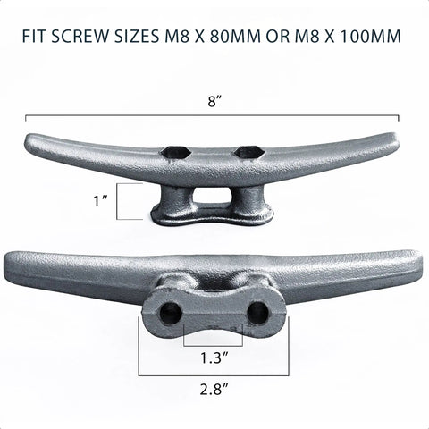 8 Inch Dock Cleat Weatherproof Galvanized Cast Iron Boat Cleat Tie Downs For Marine Pier Or Nautical Decor Dockside Ready 4, 8, 16 Pack Heavy Duty Marine Hardware showing dimensions