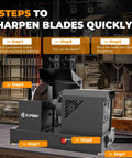 Heavy Duty Lawn Mower Blade Sharpener And Grinder with 5 Inch Ceramic Wheel demonstrating sharpening steps in workshop.