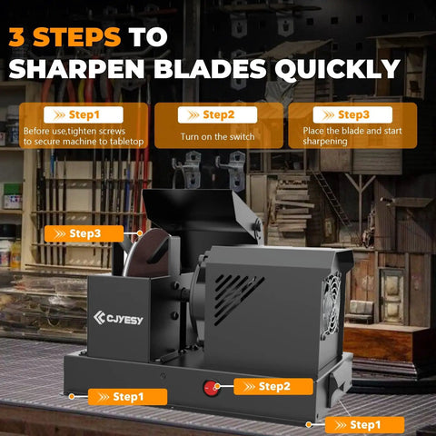 Heavy Duty Lawn Mower Blade Sharpener And Grinder with 5 Inch Ceramic Wheel demonstrating sharpening steps in workshop.