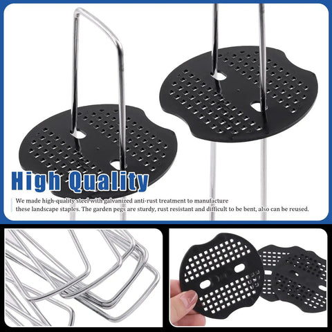 All In One Garden Stakes And Staples Kit with 100 Pcs 6 Inch U Shaped Landscape Staples and Fixing Gaskets close-up