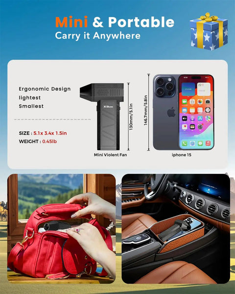Beast Mode Powerful Cordless Air Duster With 180000 RPM Turbo Fan showing size comparison with iPhone, red bag, and car interior.