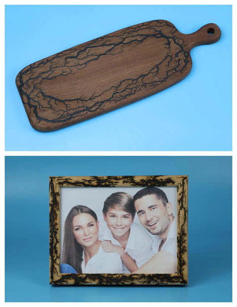 Wood art created with High Voltage Fractal Wood Burning Kit with 10kV Neon Sign Transformer for precision Lichtenberg patterns.