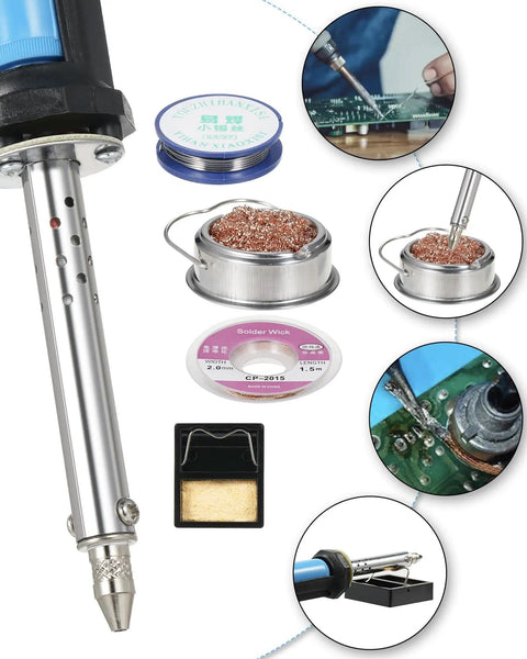 Desoldering Iron Solder Sucker Pro Grade 2 In 1 Tool 110V Desoldering Pump With 1.0mm 1.2mm Nozzles shown with accessories