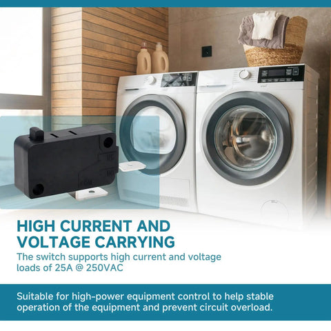 2 Pack Micro Switch With Pin Plunger Snap Action, 25A At 250VAC, Replacement For Home Appliances Like Air Fryers, Power Tools And Industrial Control Systems, Compatible With V7-1Z29E9 next to a washing machine and dryer setup showcasing high power usage capabilities