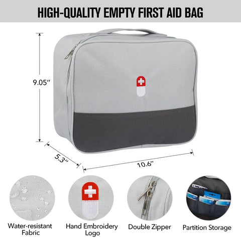 Gray Travel Ready First Aid Bag Kit Empty Medical Supplies Organizer 600D Oxford with large capacity, water-resistant, double zippers.
