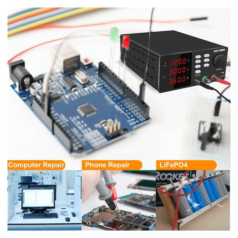 Usb Dc Laboratory Power Supply With Adjustable Output From 0 To 60V And 0 To 10A For Benchtop Electronics 120V Input viewed with repair tools