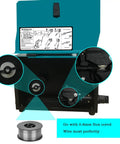 Interior of 3 In 1 Gasless Welder 140A 110V MIG MMA Lift TIG Flux Core Wire Welder showing wire feed mechanism with flux core wire spool