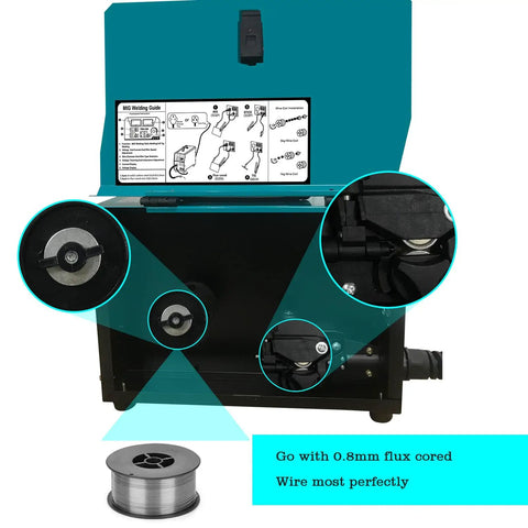Interior of 3 In 1 Gasless Welder 140A 110V MIG MMA Lift TIG Flux Core Wire Welder showing wire feed mechanism with flux core wire spool