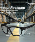 Clear View Safety Reading Glasses With 1.5 Diopter For Real Eye Protection ANSI Z87.1 Rated UV Blocking Anti Fog Impact Resistant Comfort Fit Frame Two Pack For Home Workshop And DIY Tasks shown in a warehouse with labels pointing to its features