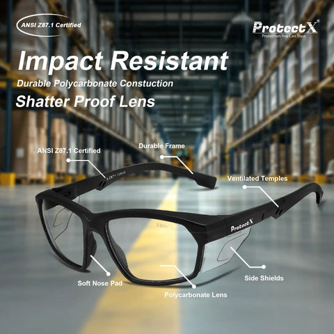 Clear View Safety Reading Glasses With 1.5 Diopter For Real Eye Protection ANSI Z87.1 Rated UV Blocking Anti Fog Impact Resistant Comfort Fit Frame Two Pack For Home Workshop And DIY Tasks shown in a warehouse with labels pointing to its features