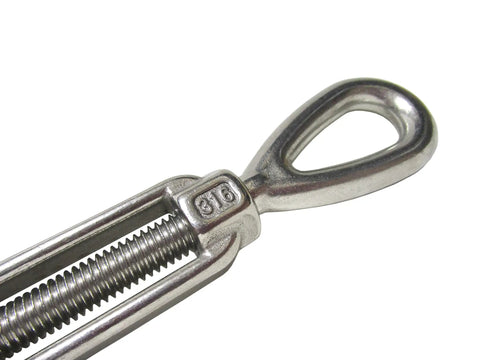 One Quarter Inch By Four Inch Stainless Steel Forged Eye Eye Turnbuckle Type 316 close-up showing threaded tension section.
