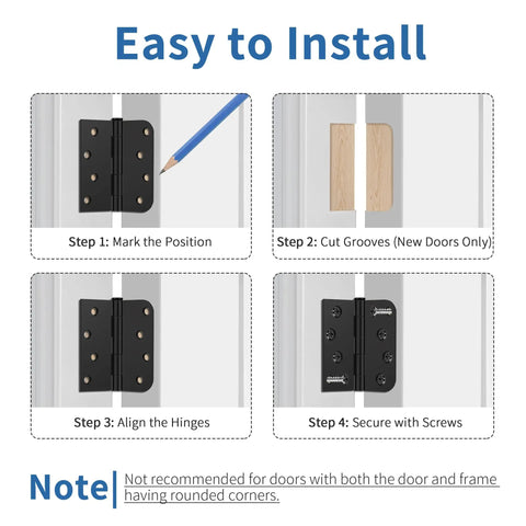 Installation steps for 3 Pack Matte Black Door Hinges 4 Inch With Heavy Duty Iron Frame Including Installation Screws.