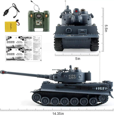 One Twenty Eight Scale Remote Control Tiger Tank With German WW2 Dope Authentic Detail Sound And Light 9 Channel RC Military Toy For Boys And Girls Realistic Battle Tank front and side view with controller and manual