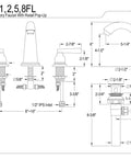 Technical drawing of Royale 8 Inch Widespread Lavatory Faucet With Retail Pop Up Drain Oil Rubbed Bronze 3 Hole Deck Mount Solid Brass Construction