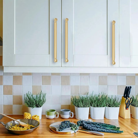 Heavy Duty Brushed Gold Cabinet Pulls 5 Pack Solid Rust Resistant Kitchen And Bathroom Drawer Handles Matte Satin Finish on white cabinets.