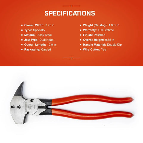 10 Inch Heavy-Duty Fence Pliers With Dipped Handle, Solid Joint, Offset Head, Beefy Forged Alloy Tool Steel, Electronically Hardened Edge For Long-Lasting Wire Cuts on red background
