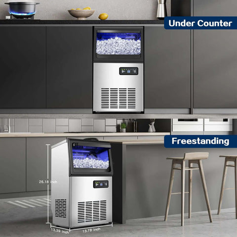 Commercial Ice Maker Delivers 110 Lbs Per Day With Quiet Operation For Home Bar Restaurant Or Coffee Shop Undercounter Or Freestanding Design With 22 Lb Storage And Stainless Steel Self Cleaning. Image shows undercounter and freestanding setups.