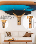 The Sun Rack Premium Bamboo Wall Mount For Surfboards Snowboards Skis And Wakeboards Holds Four Boards With Built In Drawer
