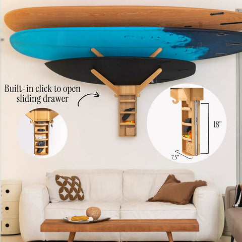 Premium Bamboo Surfboard Wall Rack Stashes Three Boards For Gnarly Garage Gear Stash With Built In Tray and sliding drawer.
