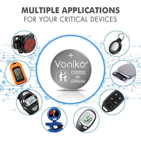 CR2032 3V Lithium Button Cell Batteries 6 Pack with various devices like scales and key fobs illustrating multiple applications.