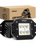 Two Pack 18W Flood LED Work Lights With Wide Beam Flush Mount Off Road Driving Light Bar For Jeep Truck Tacoma Bumper ATV UTV Bright White Flood Illumination For Night Trails, shown with packaging