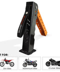 Portable Motorcycle Maintenance Stand With Adjustable Height Lift For Chain Cleaning And Lubrication, side view with label