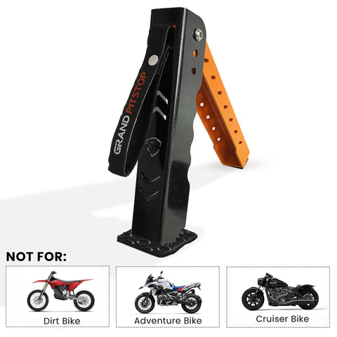 Portable Motorcycle Maintenance Stand With Adjustable Height Lift For Chain Cleaning And Lubrication, side view with label
