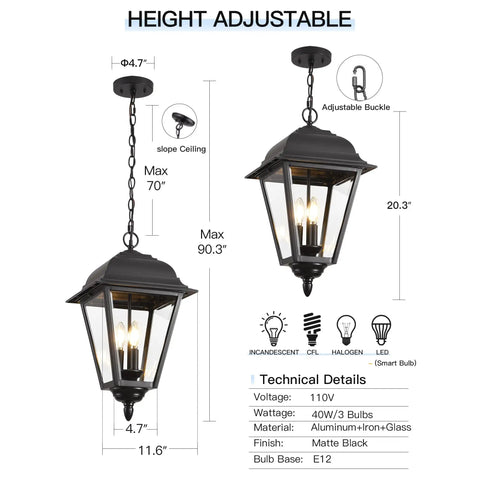 Large Outdoor Pendant Light With Two Lights, 13 Inch Tall Modern Black Exterior Hanging Fixture With Clear Glass, Weatherproof IP65 Rated, Anti Rust Outdoor Ceiling Mount Chandelier For Porch Farmhouse Entryway