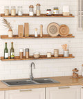 Three Piece Floating Wall Shelves Set With 47 Inch Long Ledges Raised Edge And Hidden Brackets Rustic Brown Dope Space Saver For Bathroom Kitchen Bedroom Office Living Room Decor And Display Storage in kitchen with jars and dishes