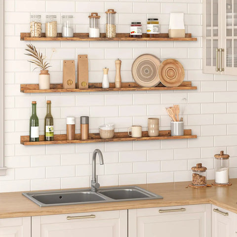Three Piece Floating Wall Shelves Set With 47 Inch Long Ledges Raised Edge And Hidden Brackets Rustic Brown Dope Space Saver For Bathroom Kitchen Bedroom Office Living Room Decor And Display Storage in kitchen with jars and dishes