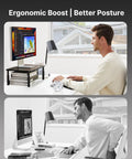 Person using Ergonomic Monitor Stand Riser With Airflow Vents Three Height Options Of 3.94, 4.72 And 5.51 Inches at desk