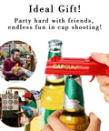 Cap Launcher Bottle Opener Gun For Parties And Tailgates, Hilarious Beer Cap Shooter Gadget For Men in red, in action at a party.