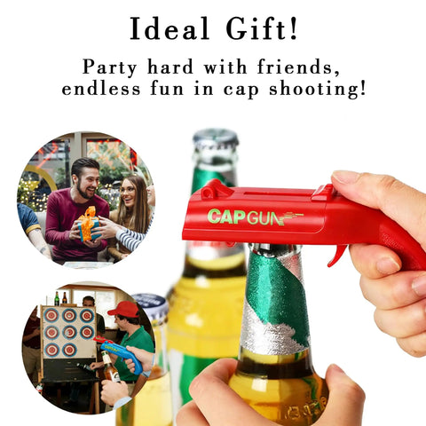 Cap Launcher Bottle Opener Gun For Parties And Tailgates, Hilarious Beer Cap Shooter Gadget For Men in red, in action at a party.
