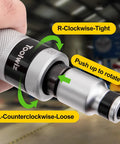 Half Inch Manual Impact Driver Set With Fourteen Pieces Reversible Mechanism S2 Steel Bits in use, rotating grip close-up.