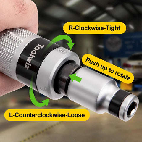 Half Inch Manual Impact Driver Set With Fourteen Pieces Reversible Mechanism S2 Steel Bits in use, rotating grip close-up.