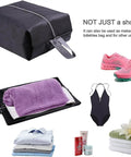 Travel Shoe Bags Set Of 4 Waterproof Nylon With Zipper For Men And Women, shown with shoes, towel, and toiletries, in black.