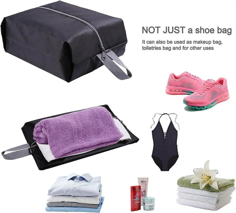 Travel Shoe Bags Set Of 4 Waterproof Nylon With Zipper For Men And Women, shown with shoes, towel, and toiletries, in black.