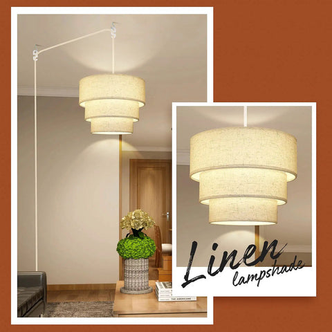 Plug In Pendant Light With Beige Linen 3-Tier Drum Shade, 15 Feet Hanging Lamp in cozy living room